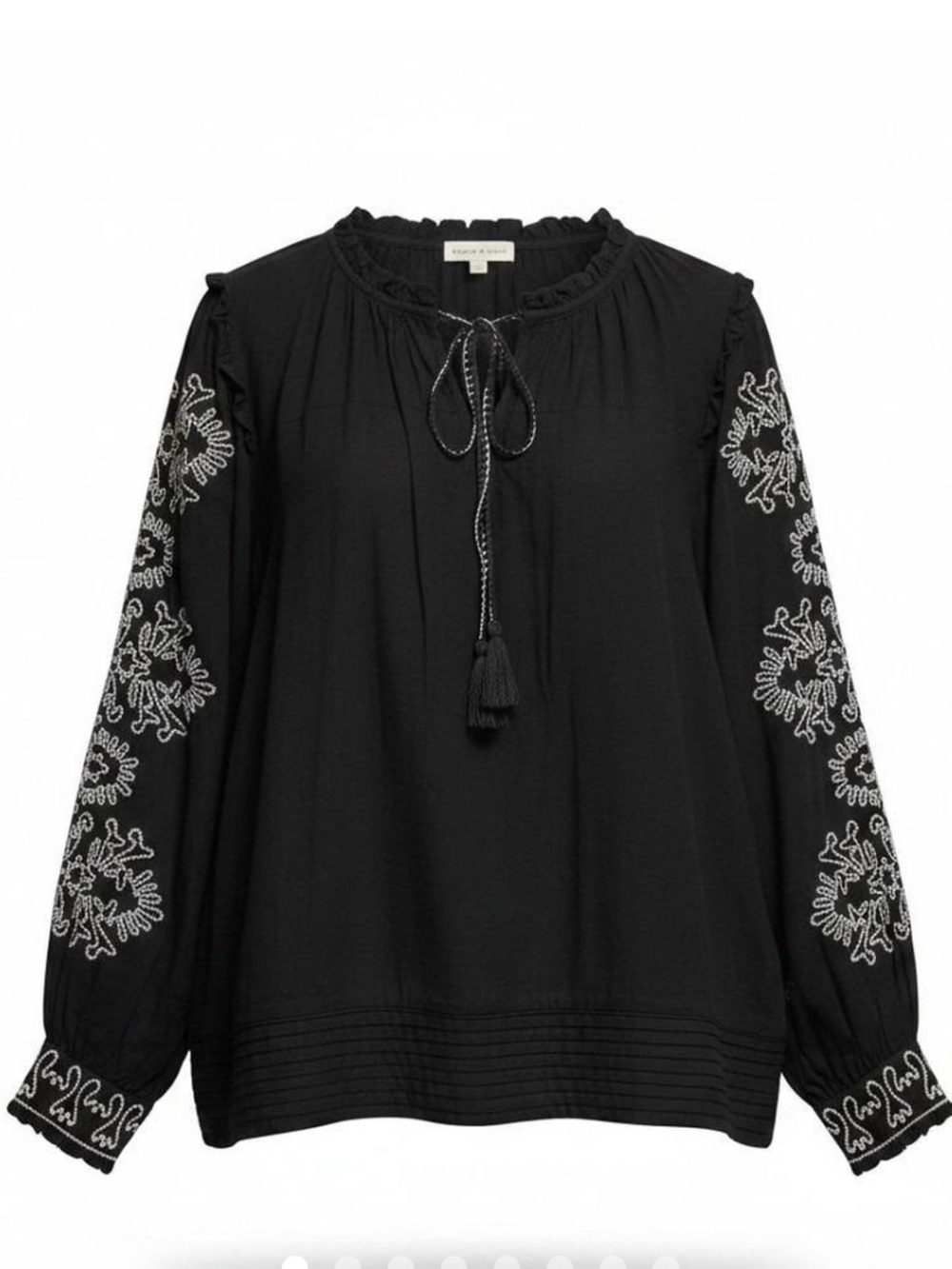 Jennifer & Grace Embroidered Sleeve Boho Blouse with Tassel Tie
